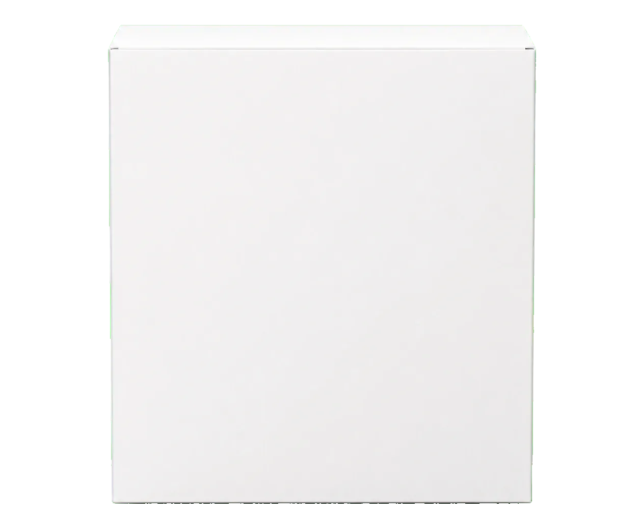 Seal end box closed front three-quarter view with clean printed paperboard panels
