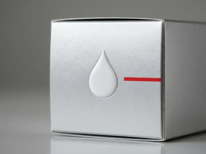 Raised white water drop detail on a silver matte skincare box surface