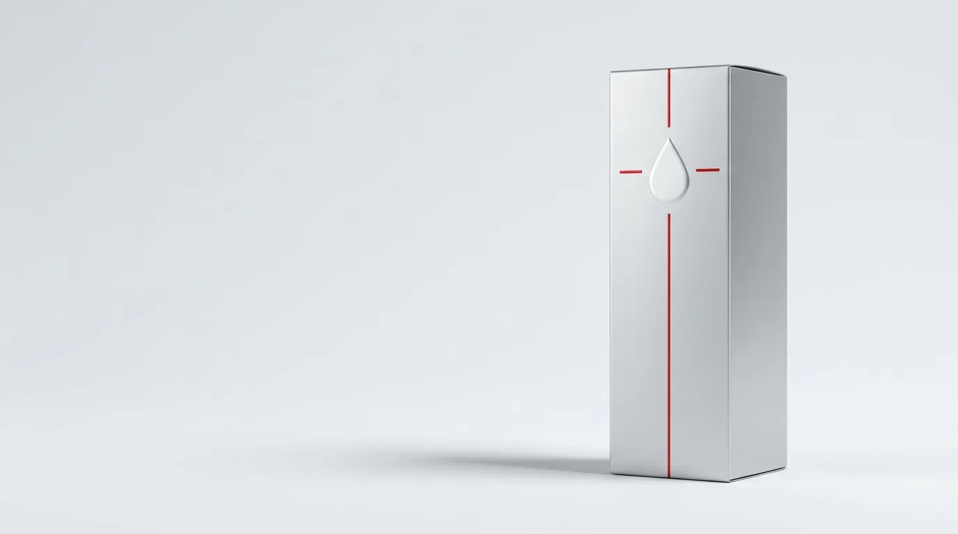 Clean website section image of a silver matte skincare serum box with red line artwork and white drop detail