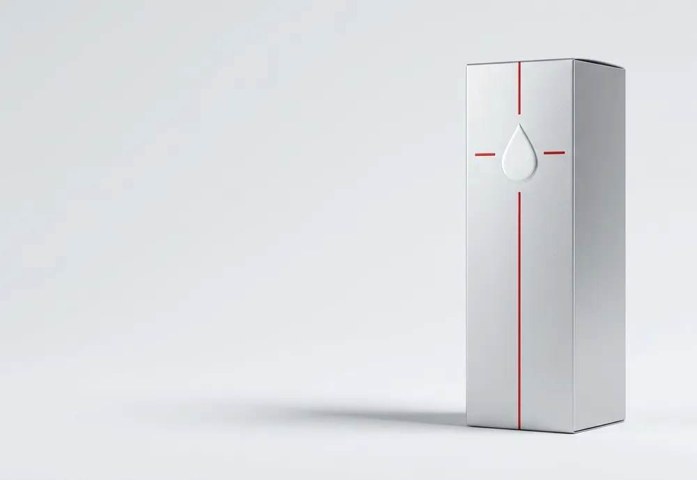 Silver matte UV printed serum carton with red artwork and white drop detail