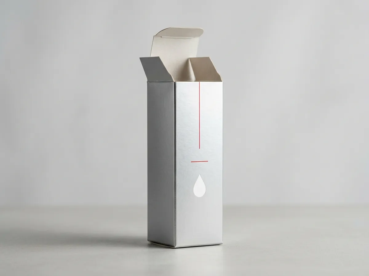 Open top tuck end silver matte skincare serum box showing carton flaps and paperboard thickness