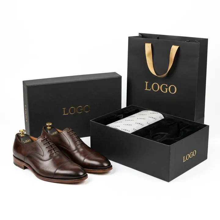 Brown leather dress shoes displayed with an open black custom shoe box and matching shopping bag