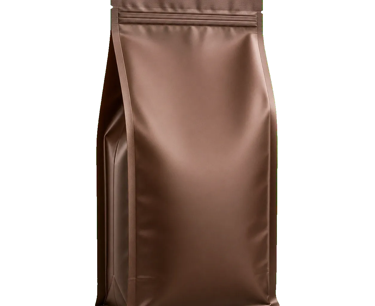 Side-gusset pouch front three-quarter view with flexible film panels and clean custom print