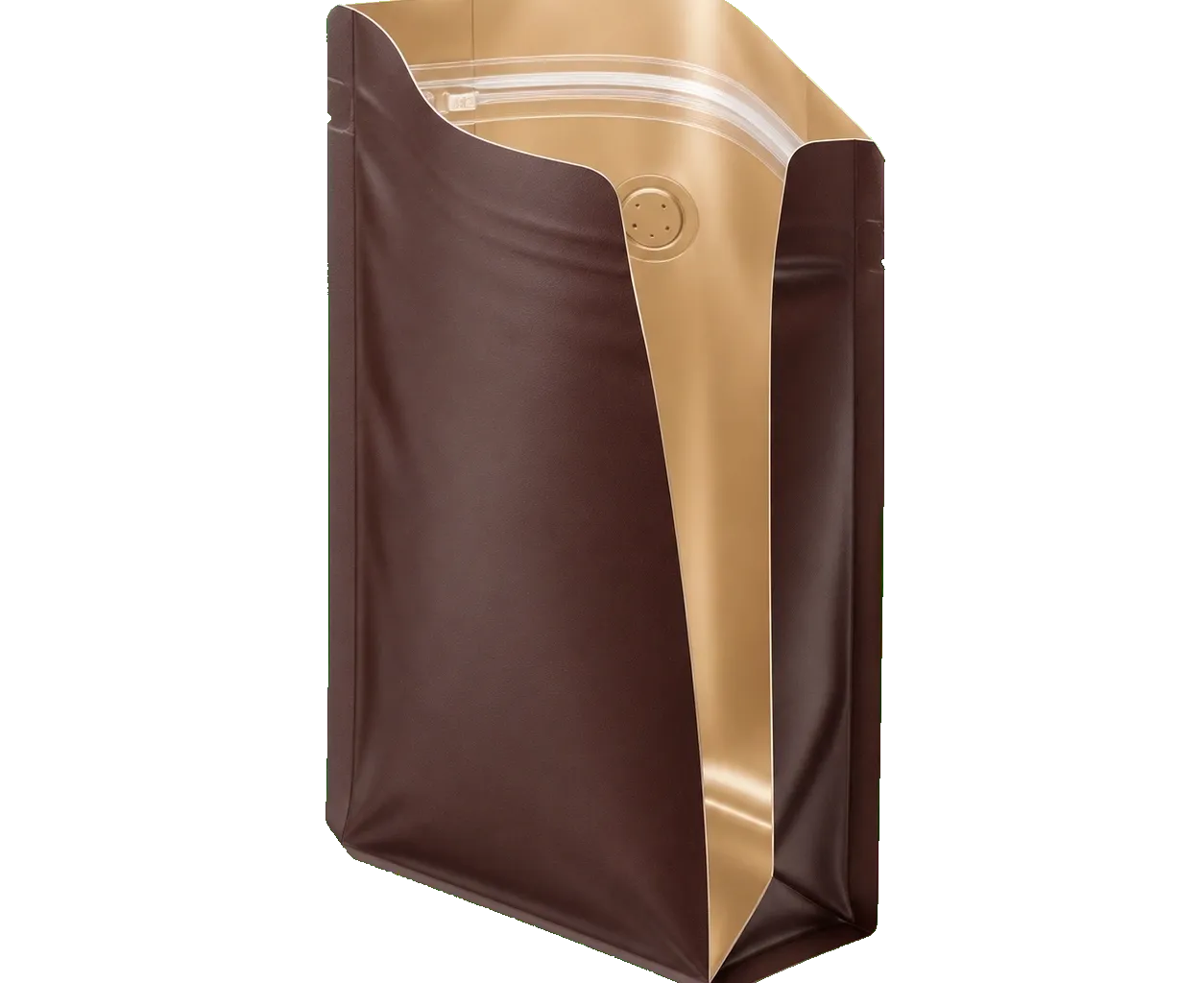 Side-gusset pouch open view showing closure, fill opening, and interior pouch structure