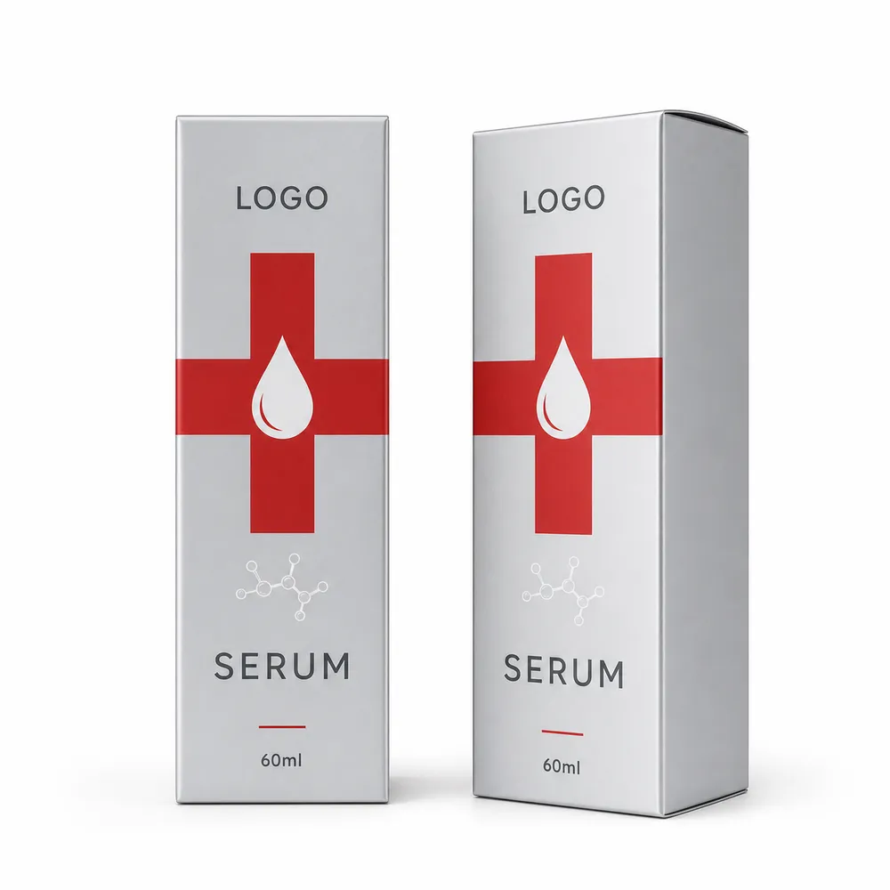 Two silver matte UV printed tuck end serum boxes with red line artwork and raised white drop detail