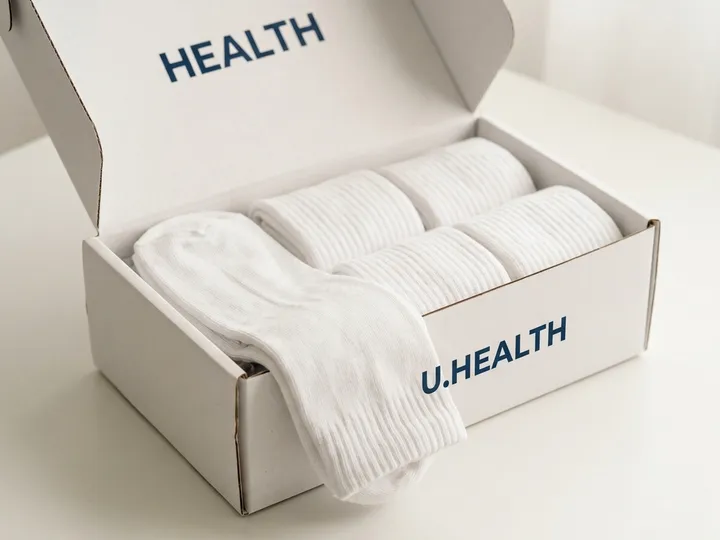 Open white corrugated sock box holding five unwrapped folded pairs of white ribbed socks