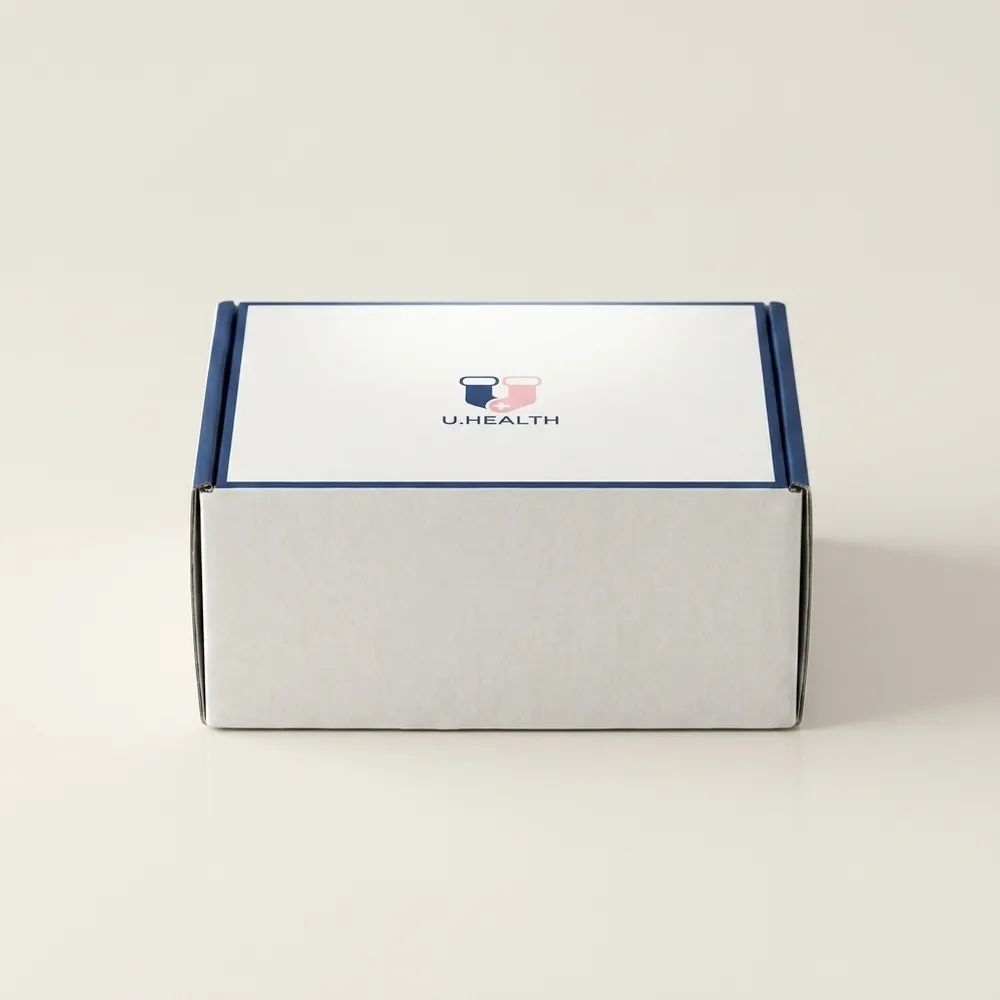 Closed white custom corrugated sock mailer box with navy border artwork