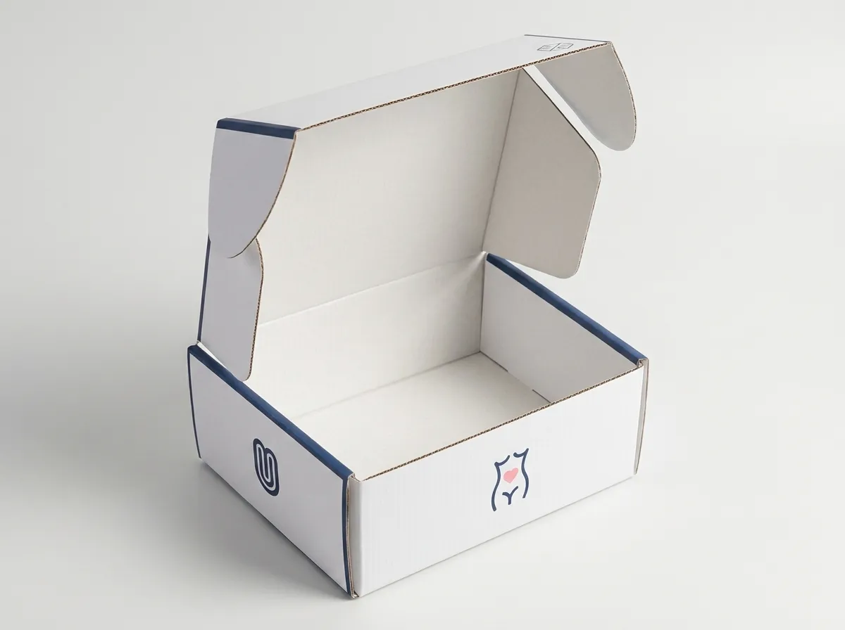 Open empty white corrugated sock mailer showing hinged lid, side wings, front wall, and navy edge print