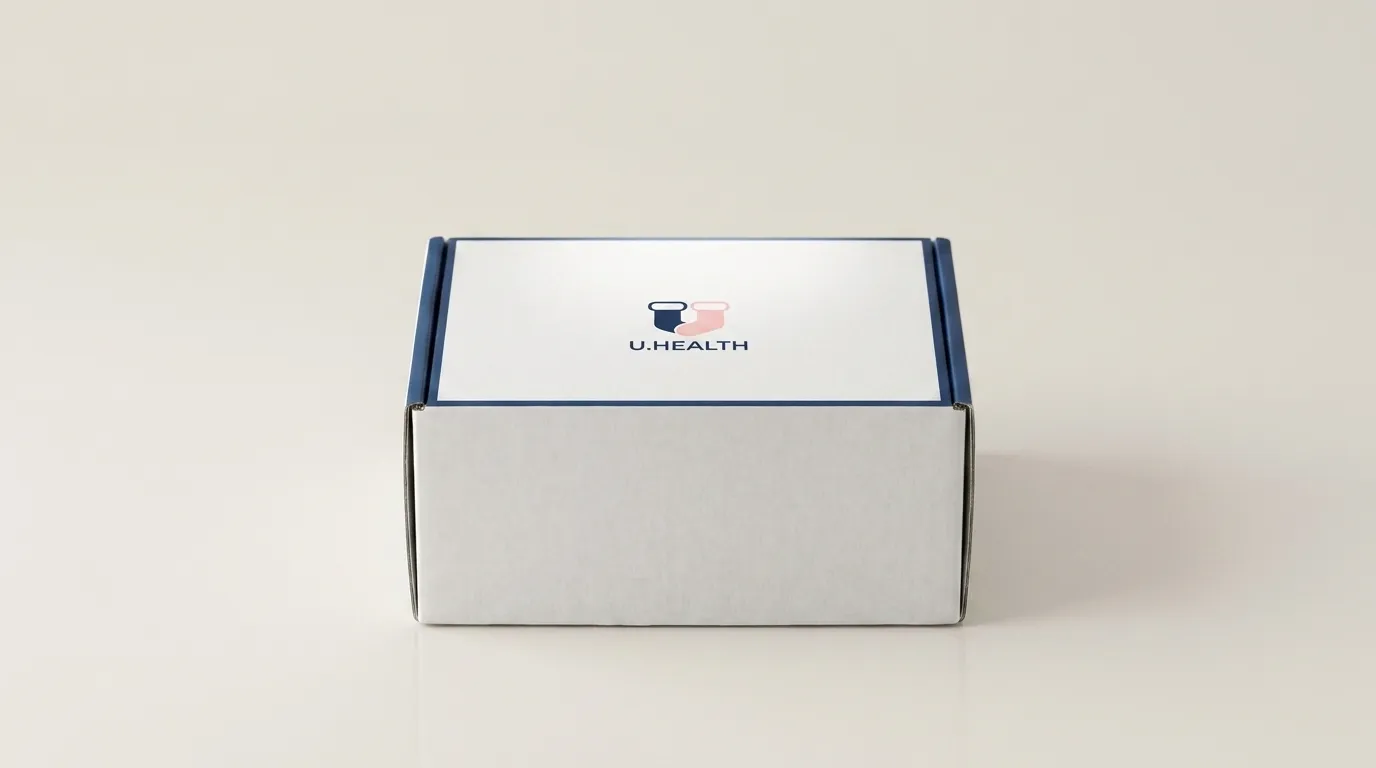 Wide studio view of a closed white custom corrugated sock box with navy border and centered logo