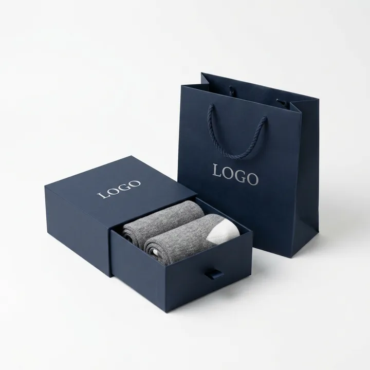 Rolled grey socks in an open navy drawer box with matching branded shopping bag
