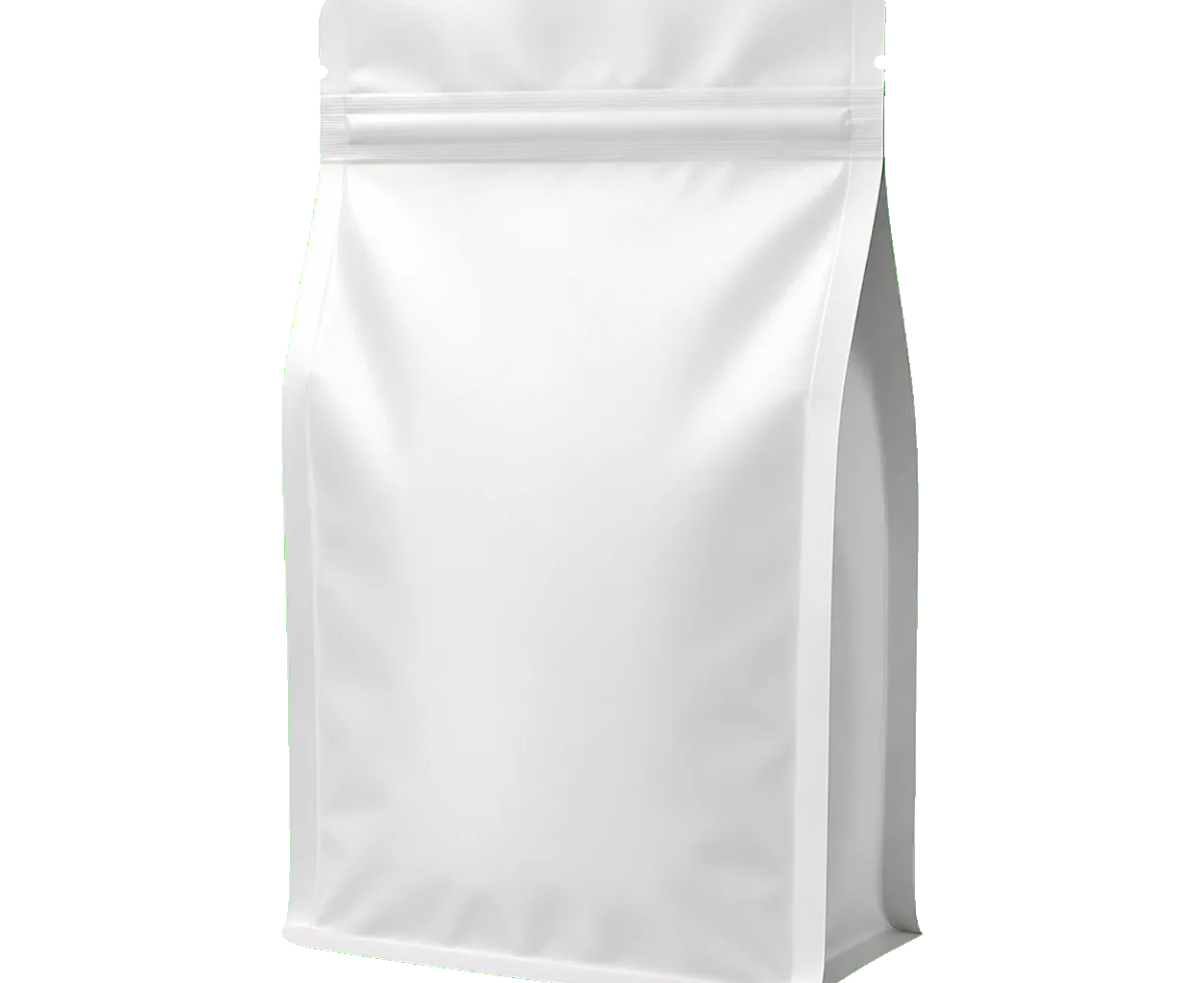 Stand-up pouch front three-quarter view with flexible film panels and clean custom print