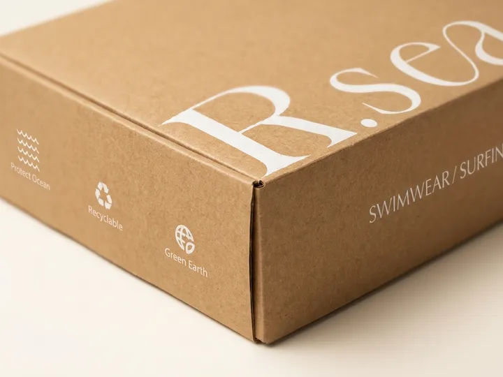 Close view of white exterior printing across a kraft swimwear mailer lid and folded corner