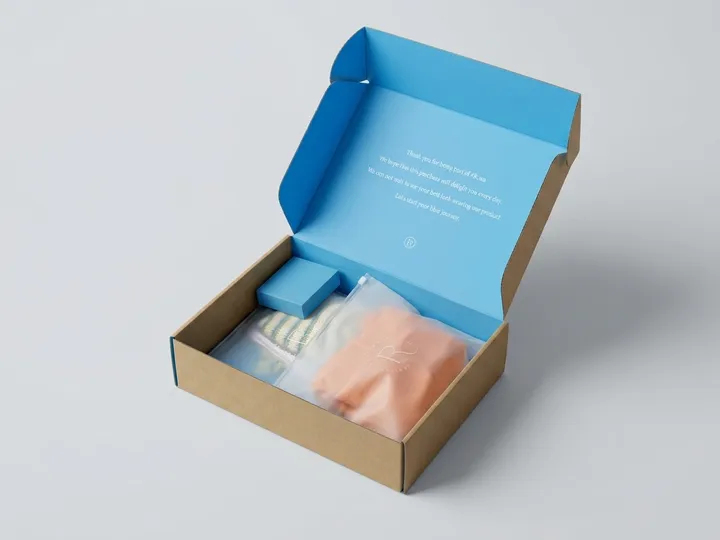 Open blue-lined kraft mailer holding two folded swimwear pouches and a small blue accessory carton