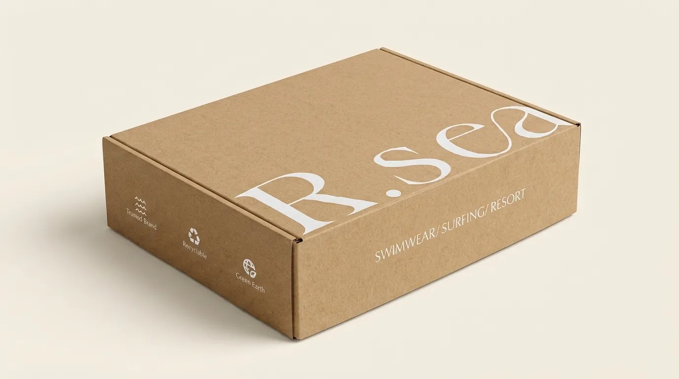 Wide studio view of closed custom swimwear mailer boxes in kraft corrugated board with white artwork