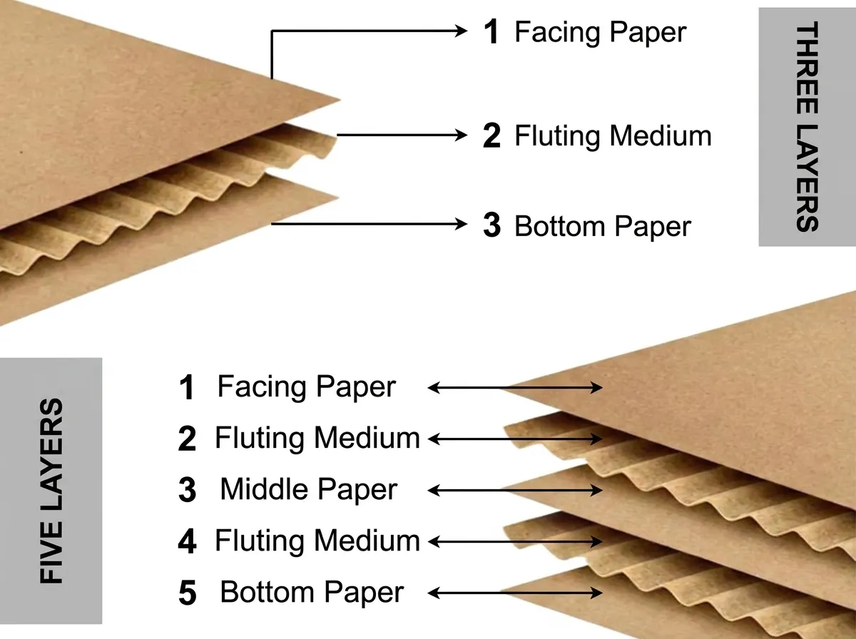 Labeled comparison of three-layer single-wall corrugated board and five-layer double-wall corrugated board