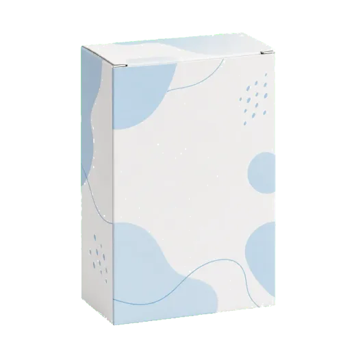 Closed straight tuck end folding carton shown from the front with blue abstract print on white paperboard