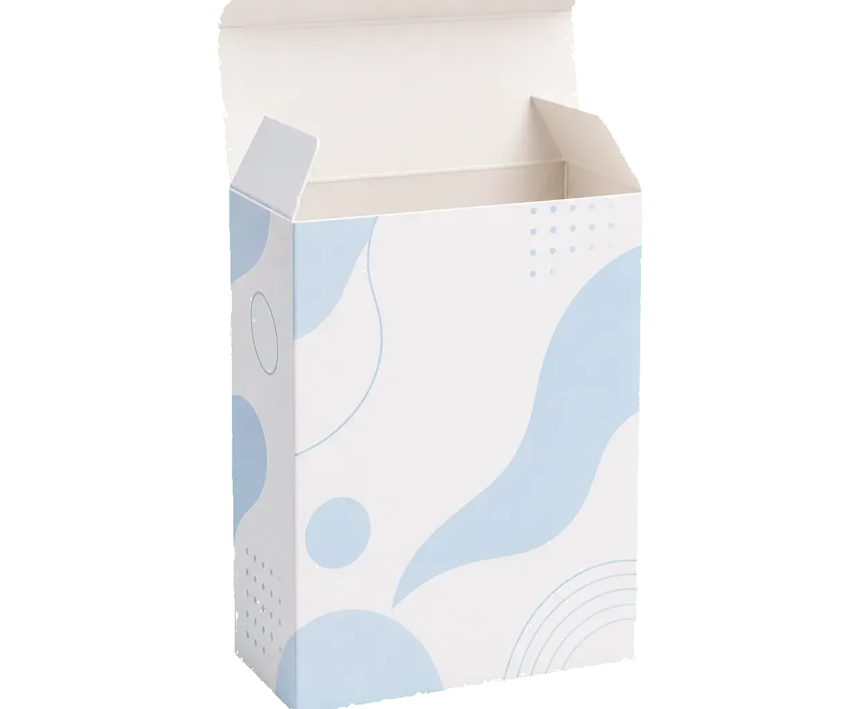 Straight tuck end folding carton with top flap open showing the inner paperboard and tuck closure