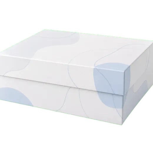 Two-piece rigid box closed front three-quarter view with premium wrapped rigid board