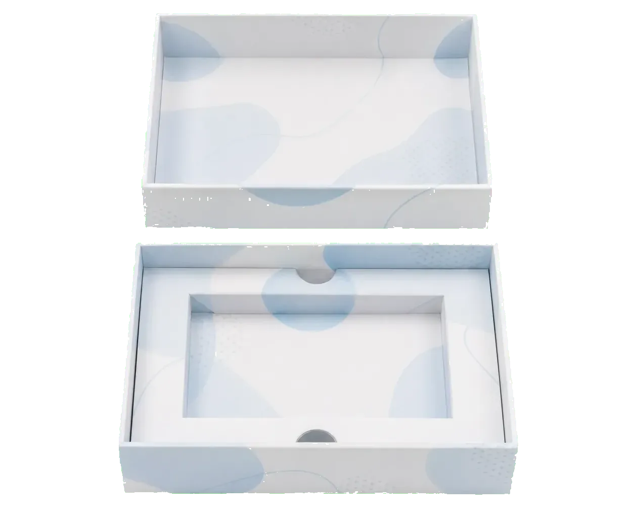 Two-piece rigid box open view showing the lid, interior, and product presentation area