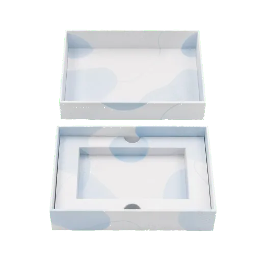 Two-piece rigid box open view showing the lid, interior, and product presentation area