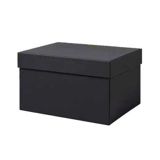 Two-piece rigid box side view showing rigid board depth and wrapped paper edges