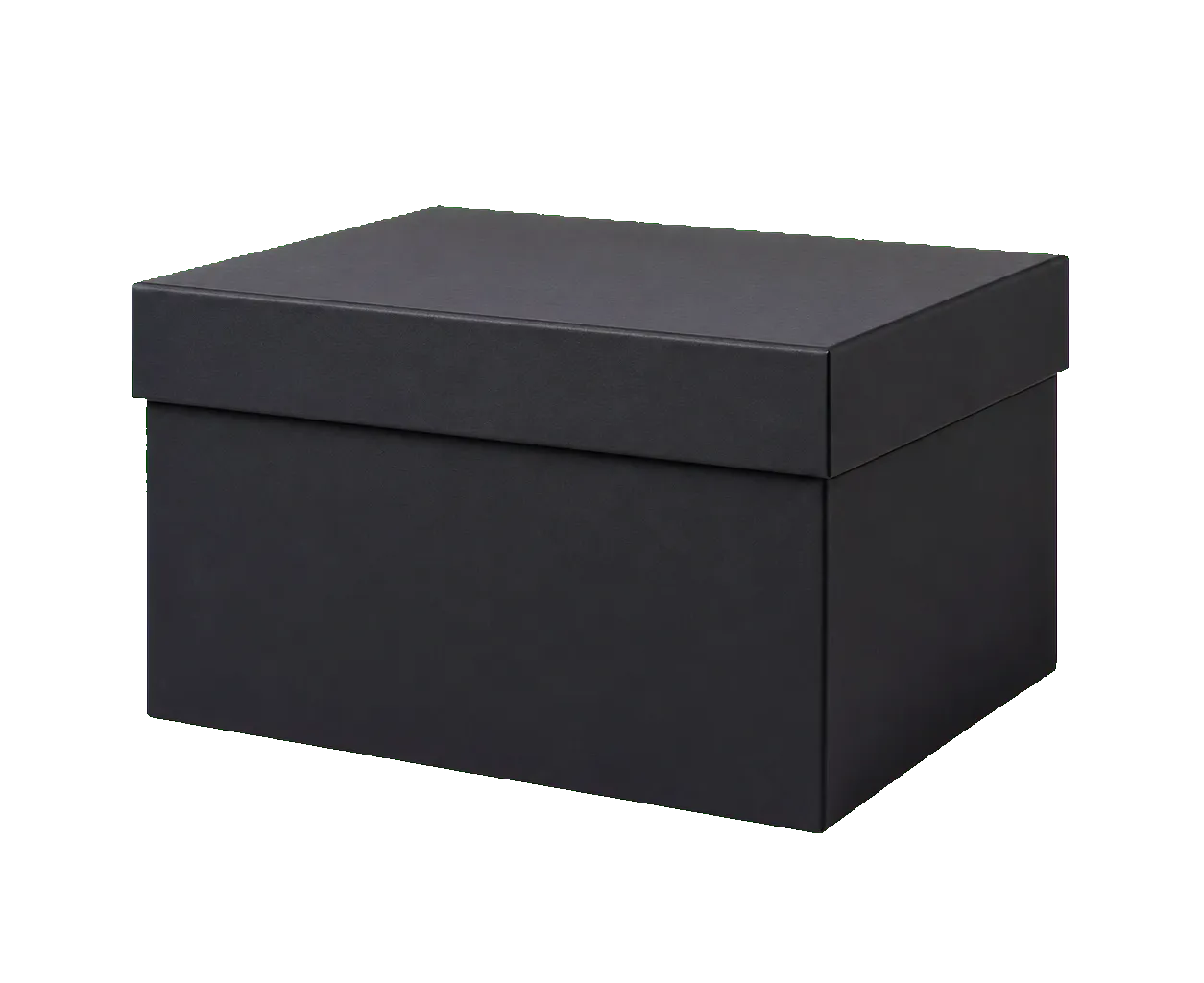 Two-piece rigid box side view showing rigid board depth and wrapped paper edges