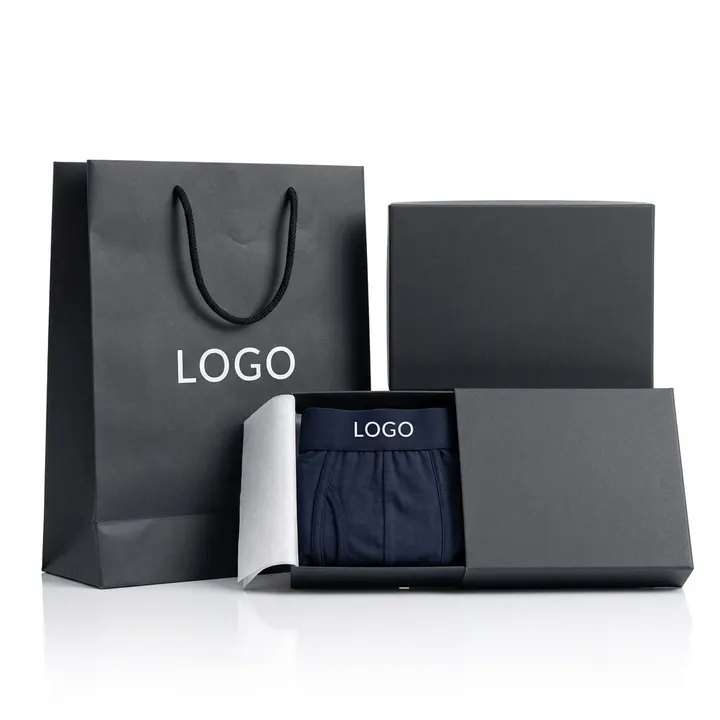Folded navy underwear in an open black retail box beside a matching shopping bag