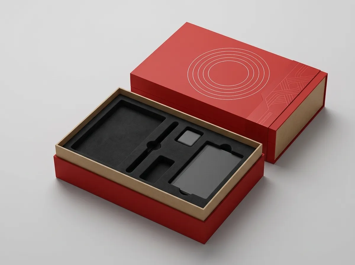 Red two-piece rigid welcome kit with separate lid, base, and black fitted EVA insert