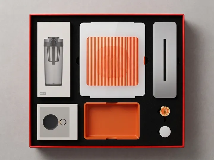 Top view of a red corporate gift box with drinkware carton, speaker pack, accessory case, and small items fitted in black EVA