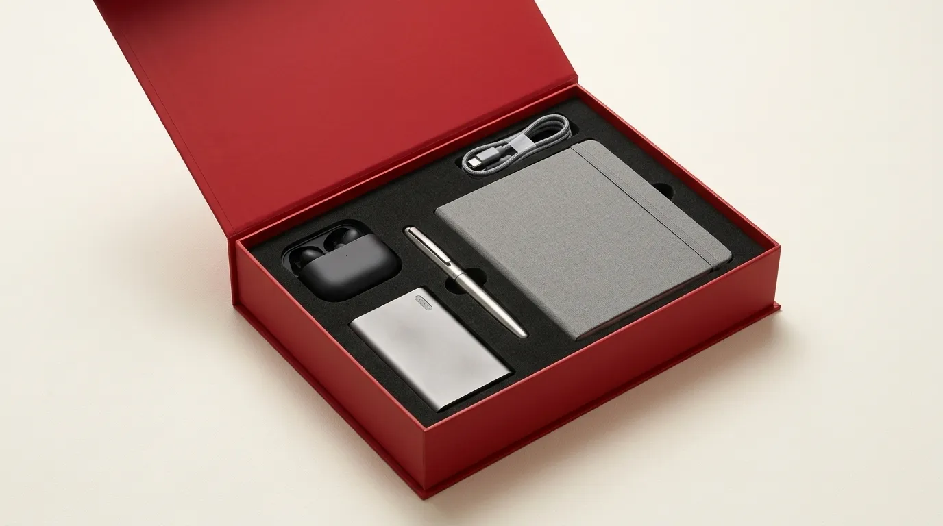 Open red corporate welcome kit presentation box holding a notebook, earbuds, pen, cable, and card case in a black insert