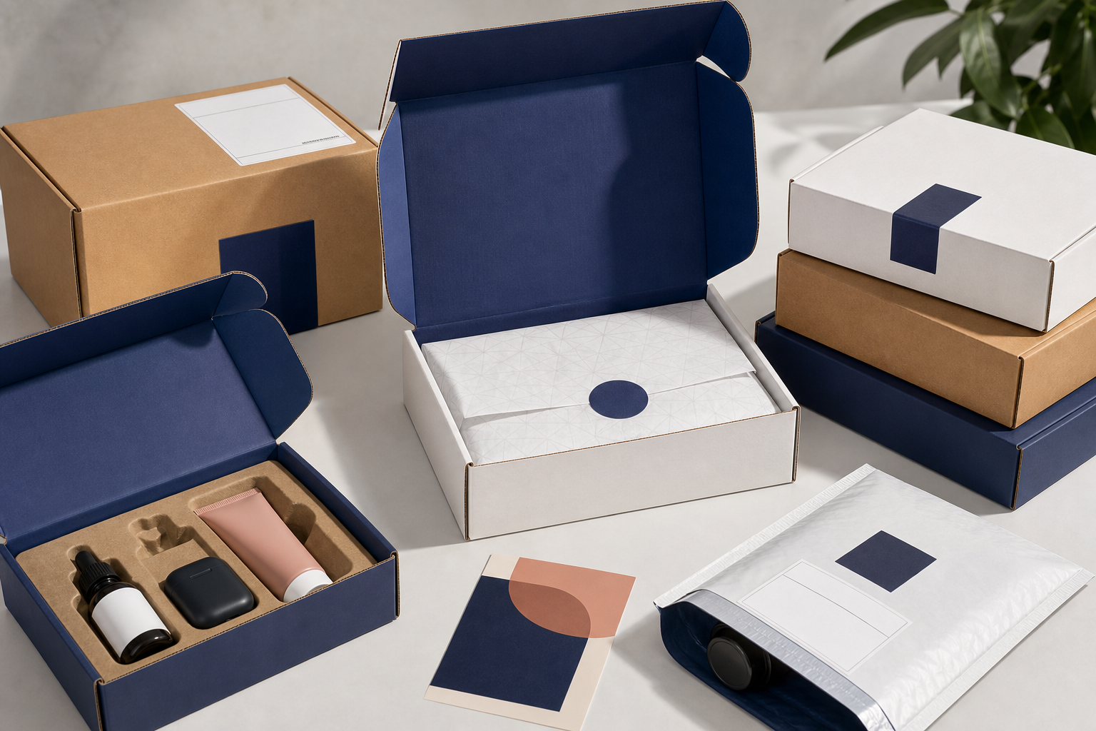 Ecommerce packaging set with branded mailer box, inserts, and shipping accessories.