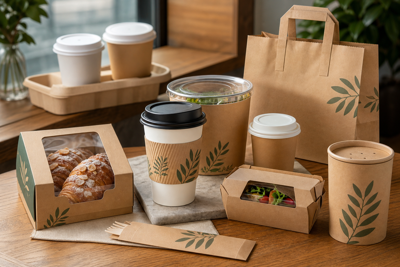 Food and beverage packaging collection with takeaway boxes, paper cups, and carry bags.