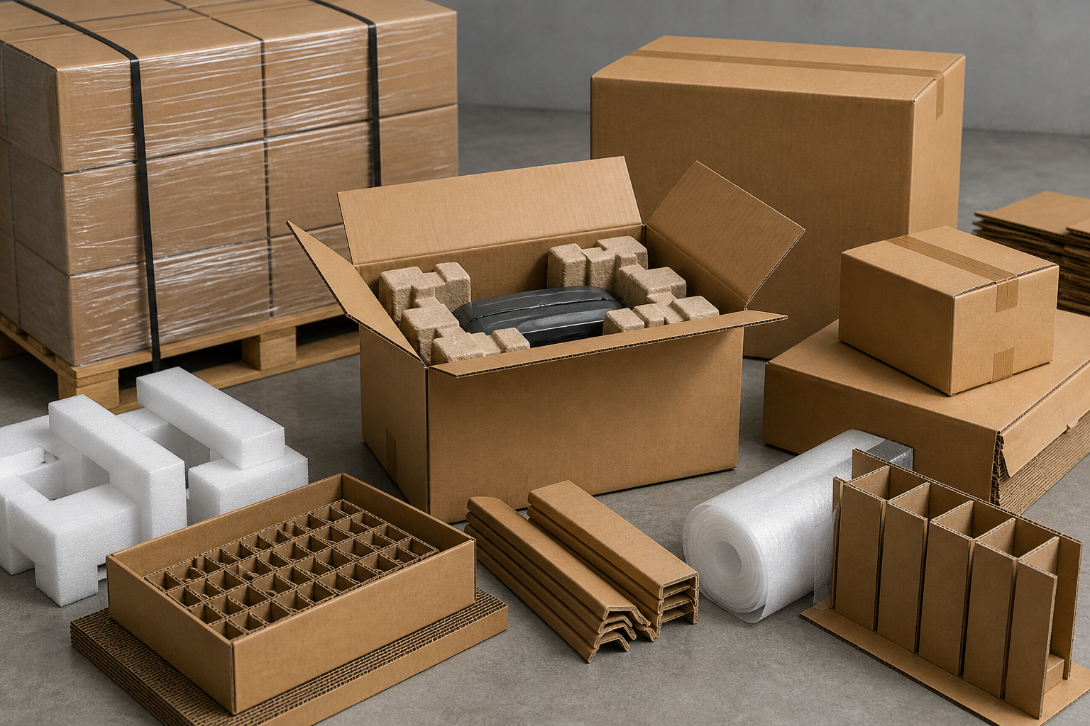 Logistics packaging with corrugated cartons and protective inserts for shipping.