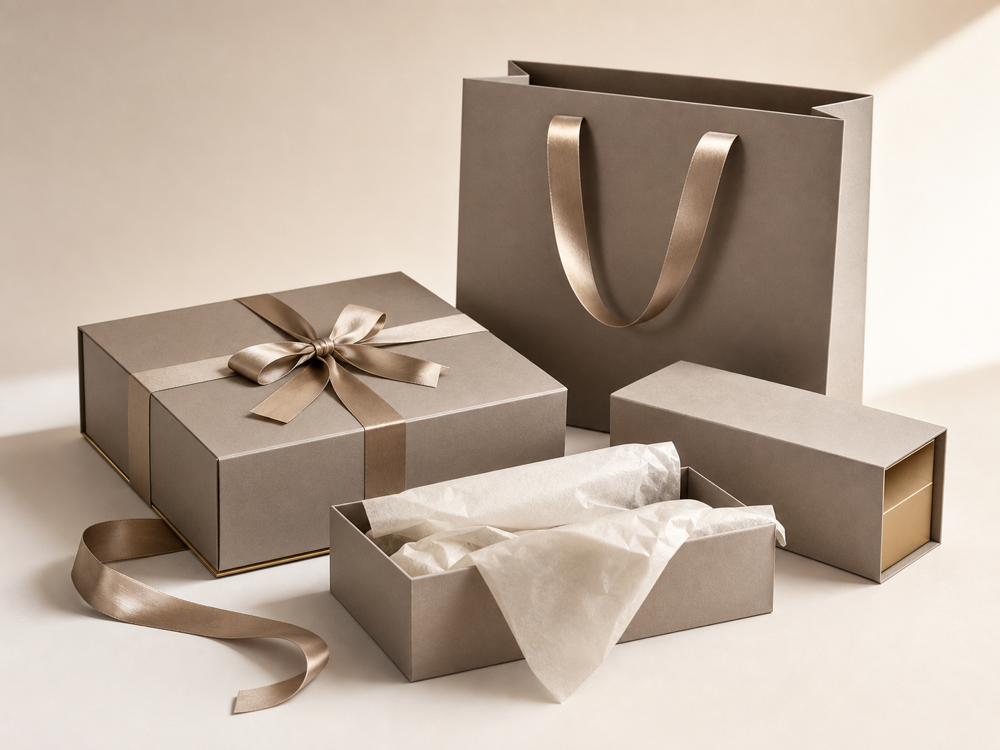 Luxury retail packaging set with rigid gift boxes, shopping bag, ribbon details, and premium presentation.