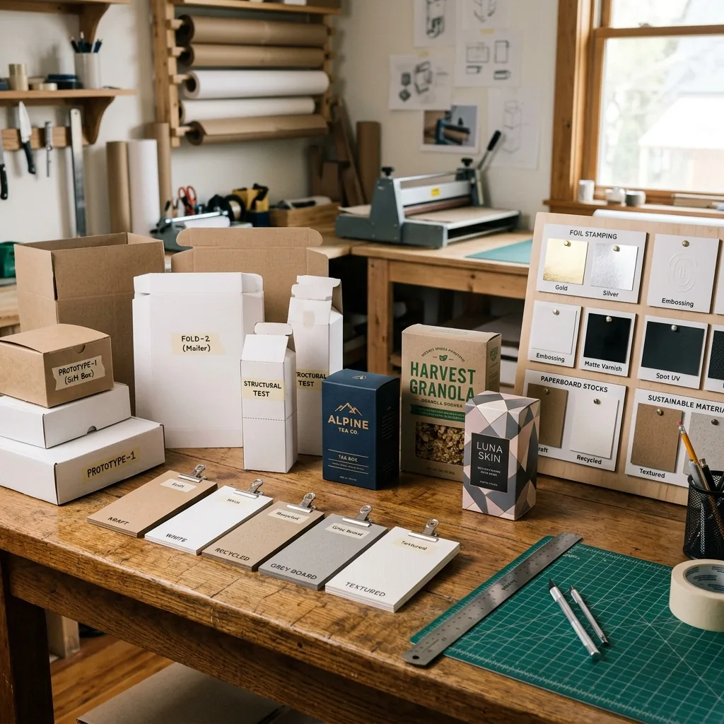 Custom packaging company overview with material samples and box prototypes