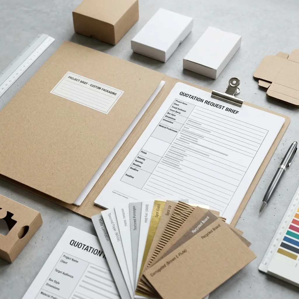 Packaging project inquiry brief with sample boxes and material swatches