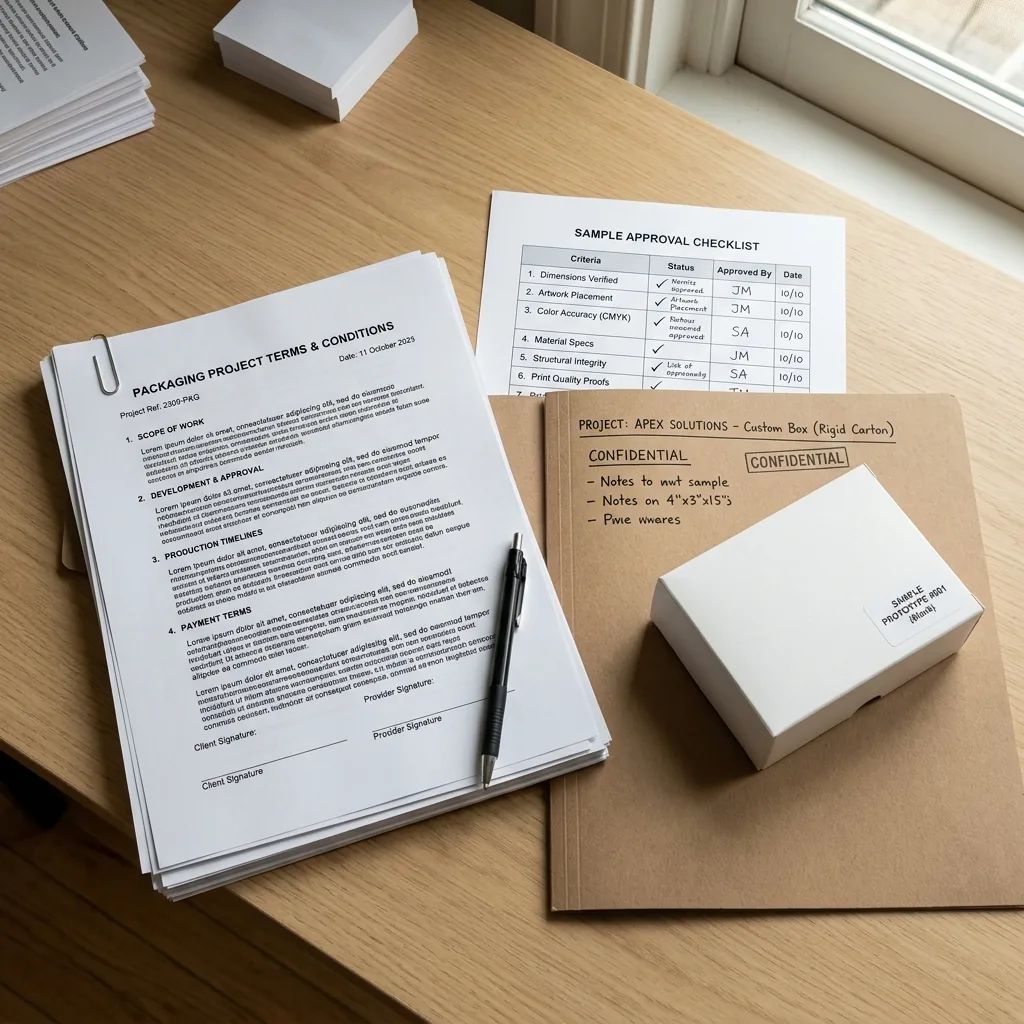 Packaging project terms document with sample approval reference