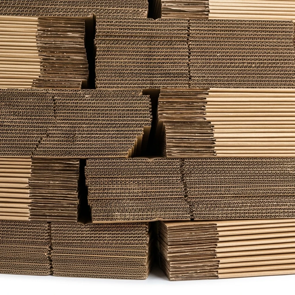 Stacks of converted EB-flute corrugated board pieces