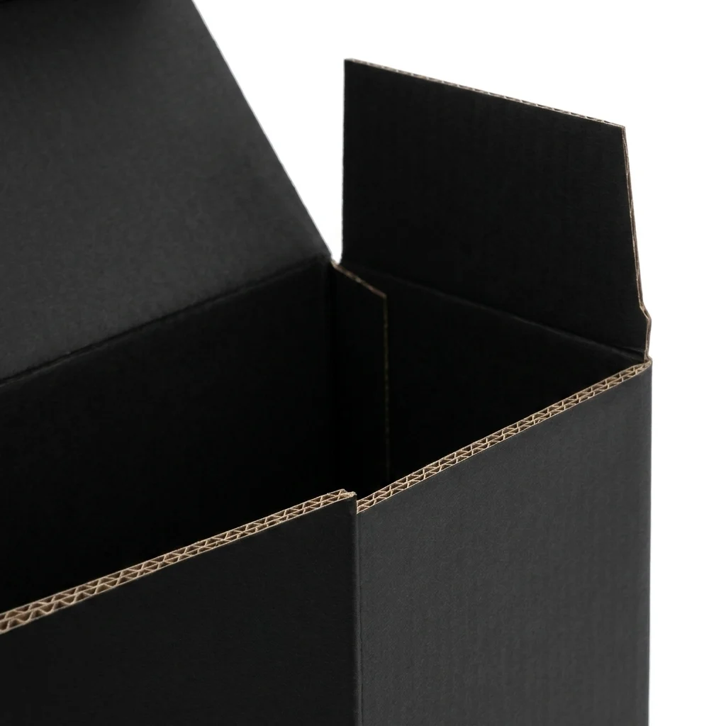 Black E-flute corrugated box corner showing thin flute edge