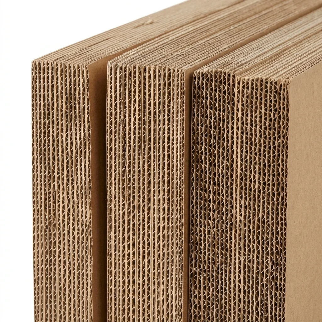 Stacked E-flute corrugated board edges showing fine flute profile