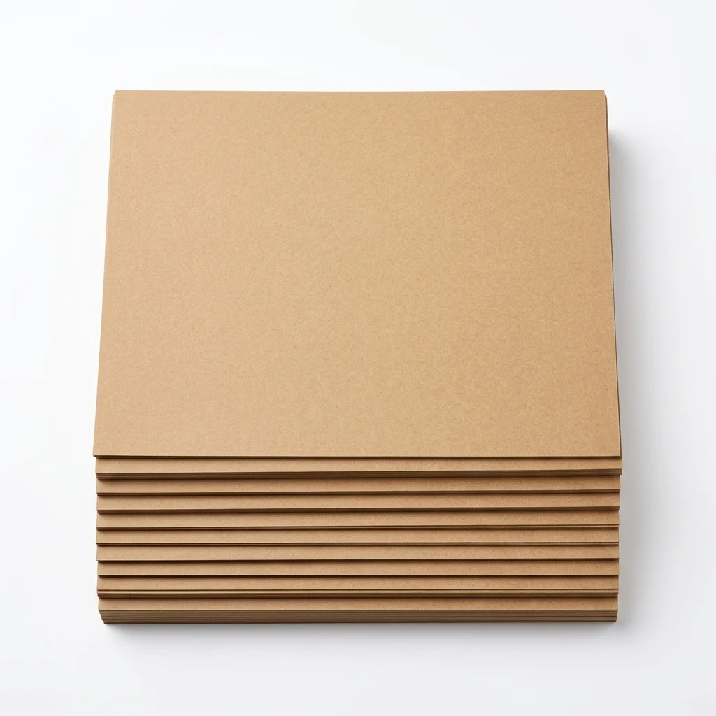 Stacked kraft paperboard sheets showing natural brown edges