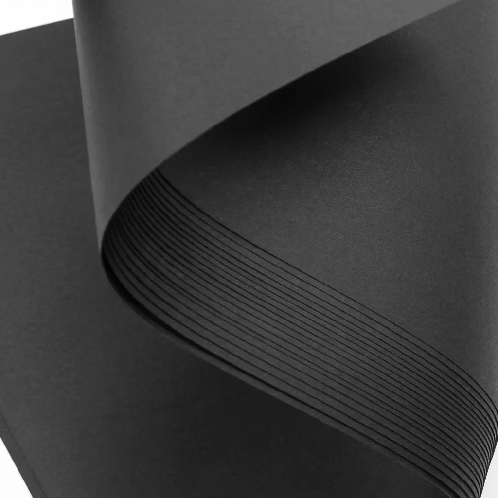 Black uncoated woodfree paper sheets showing natural texture