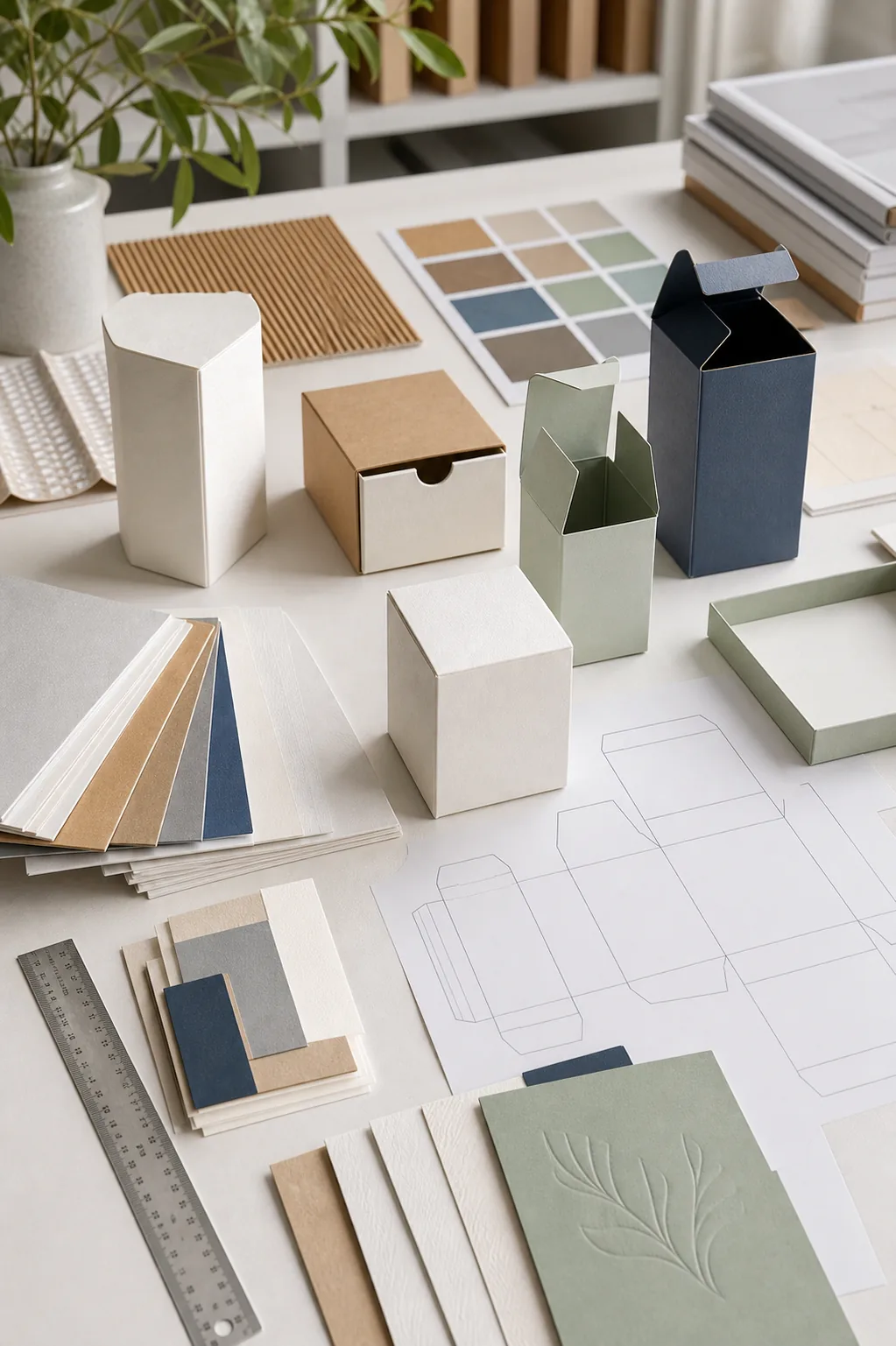 Custom packaging material boards and carton prototypes for packaging planning