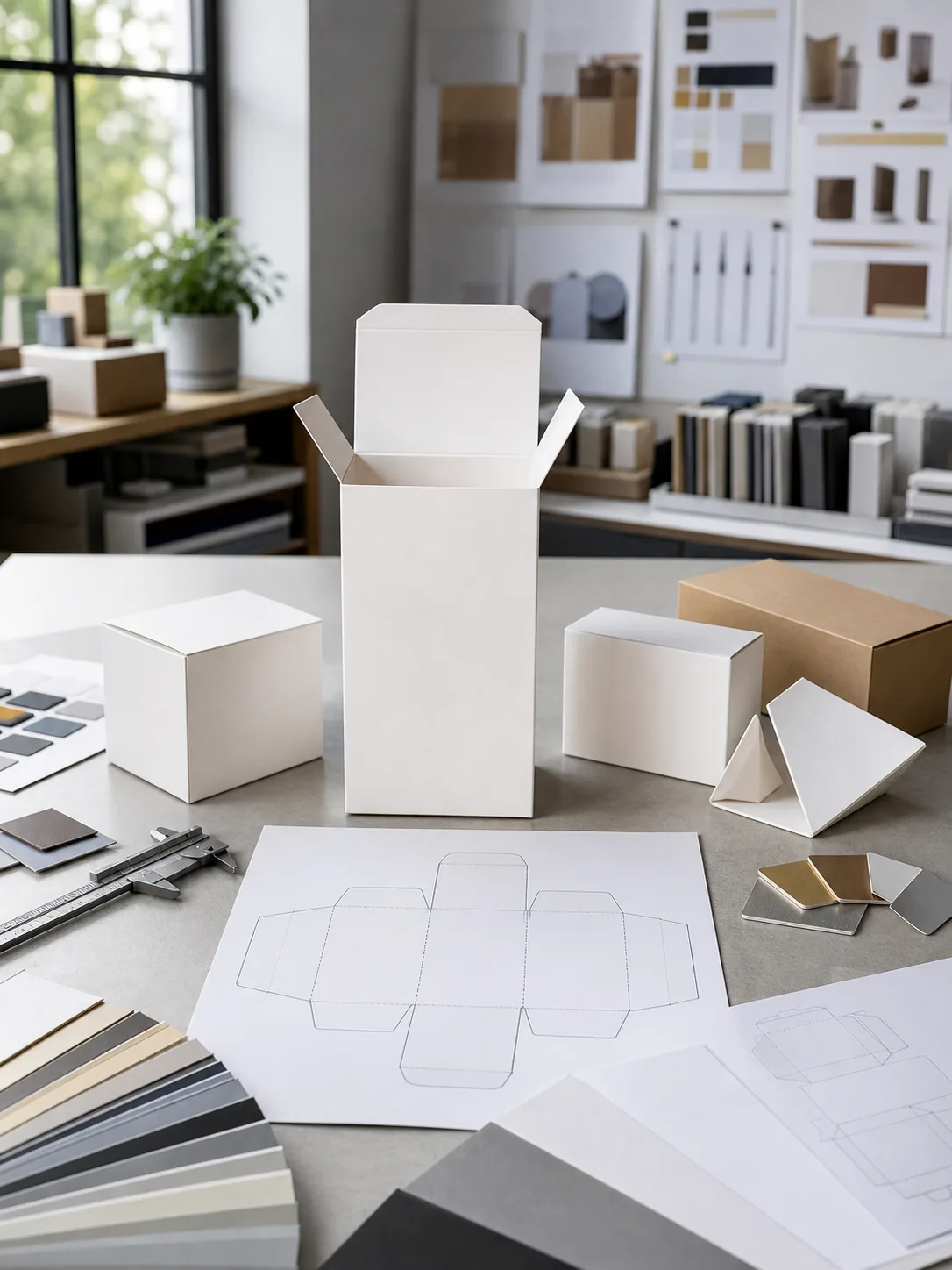 Packaging dieline sheets and sample boxes used for custom paper box planning