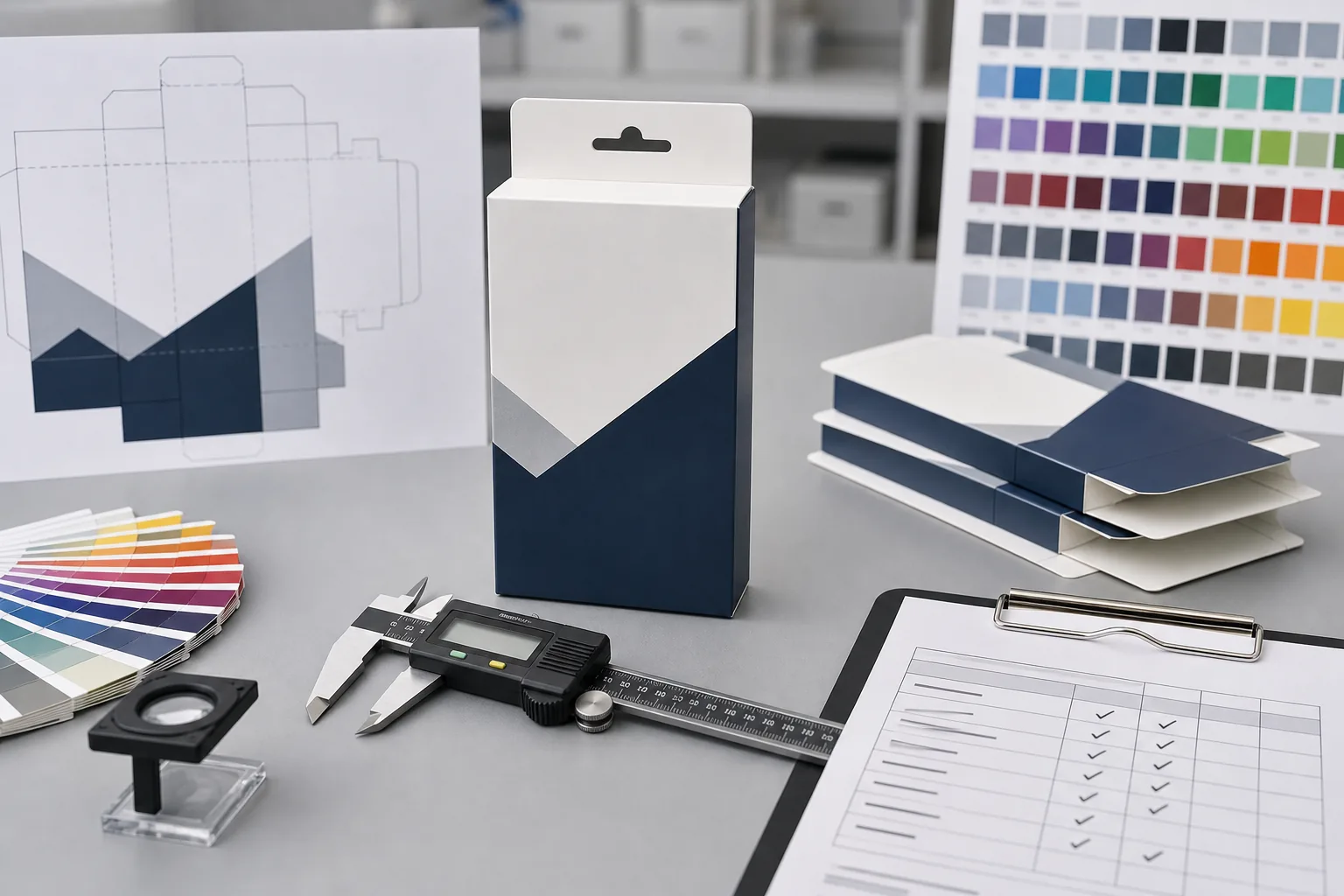 Quality control measurement setup for a folding carton sample