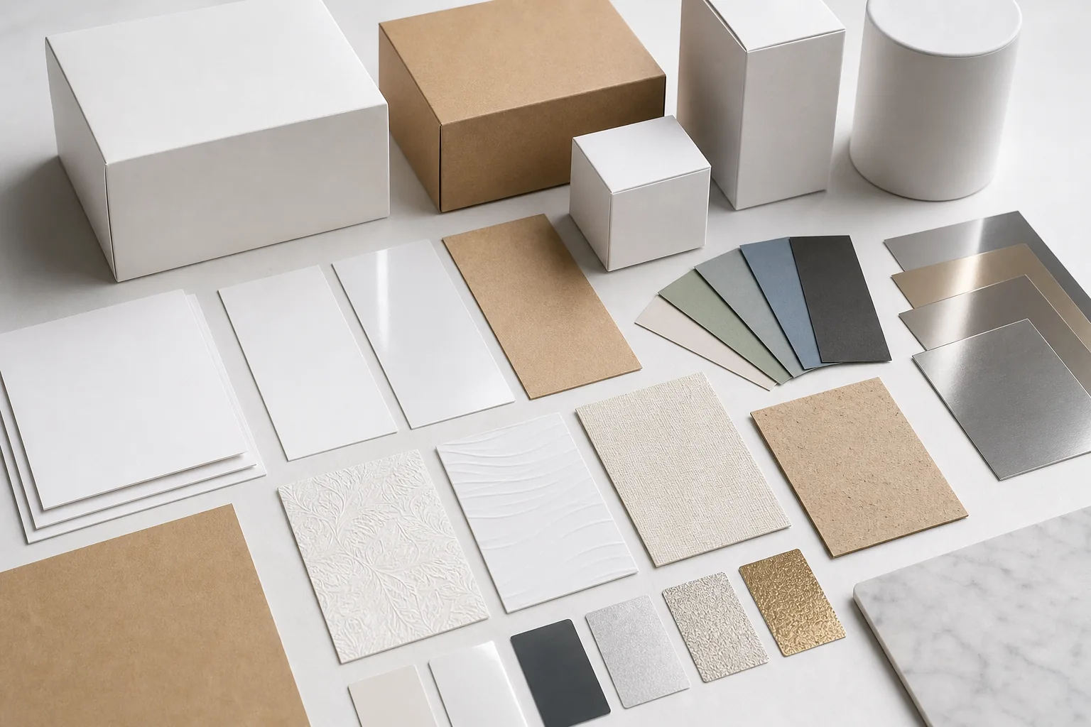 Paperboard materials and finish samples for packaging selection