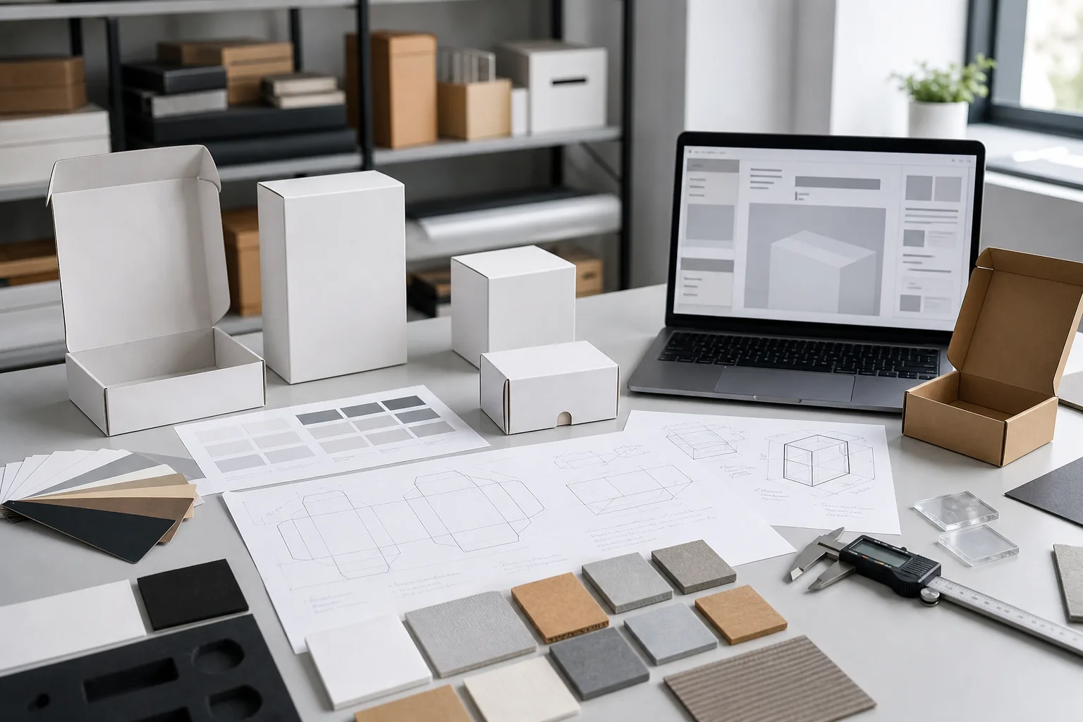 Quote-ready packaging brief with carton samples, dimensions, and material swatches