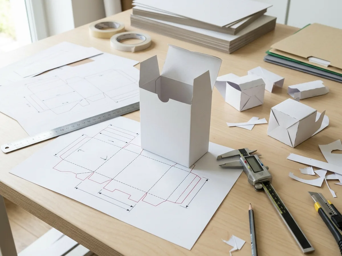 Packaging dieline planning with blank paper box structure samples