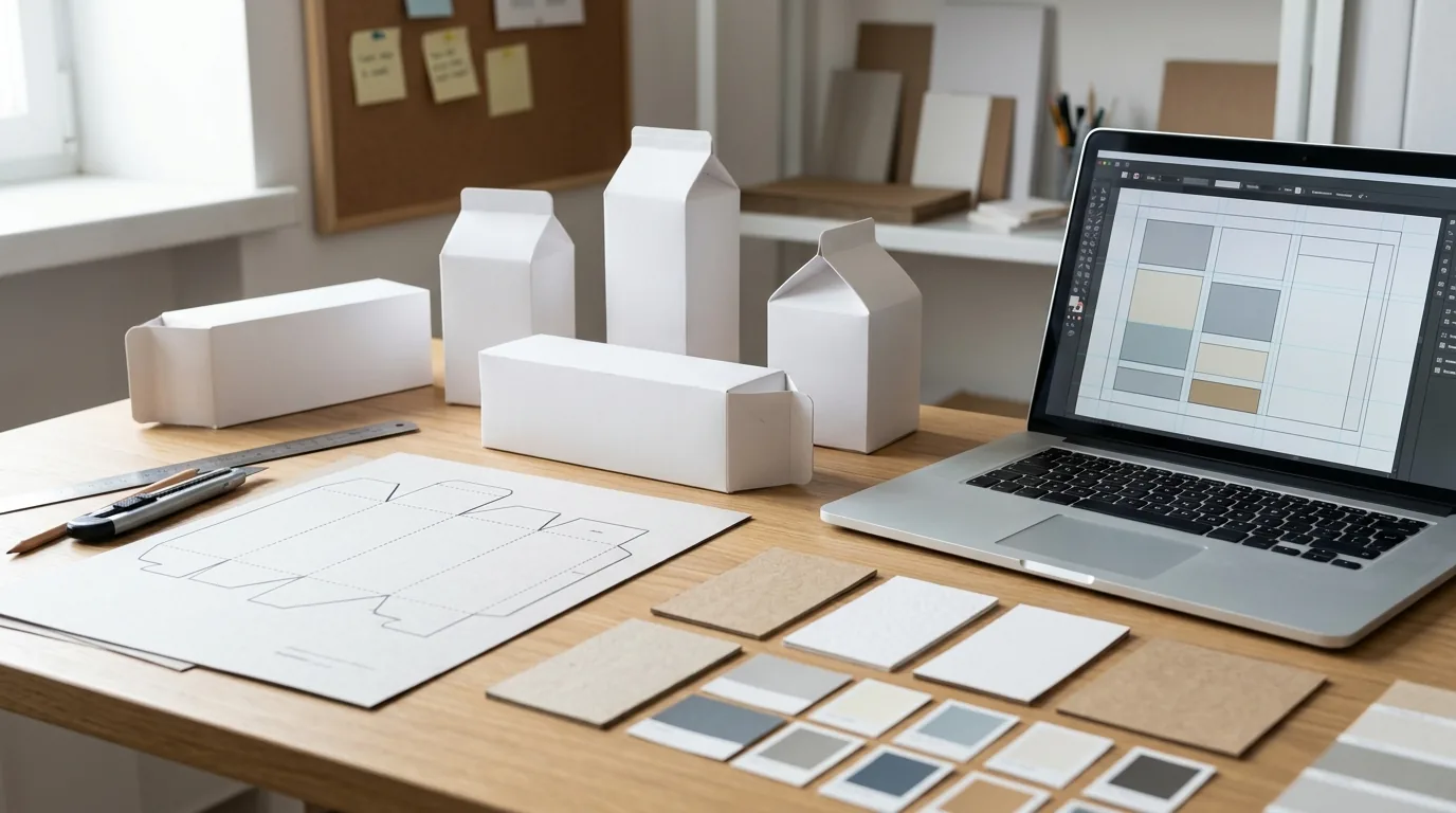 Packaging design workspace with blank carton prototypes and material swatches
