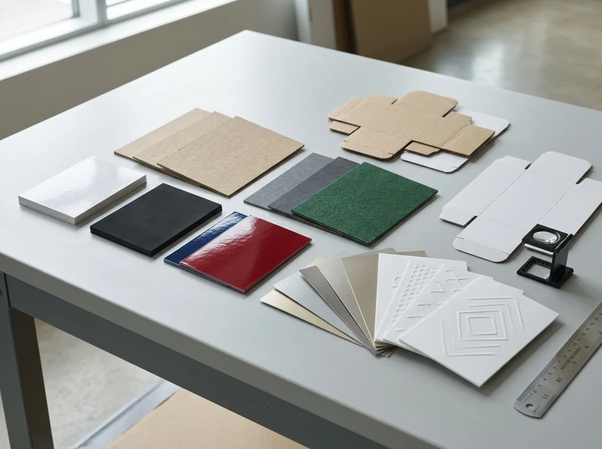 Sustainable packaging finish and ink samples for custom paper boxes